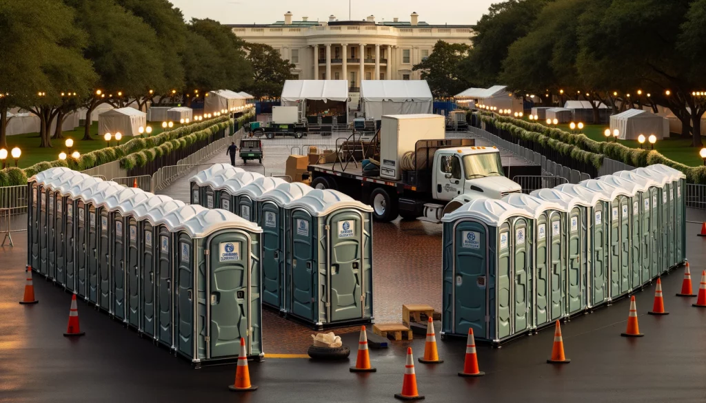 Festival porta potty bank with barricades in Ukiah, California